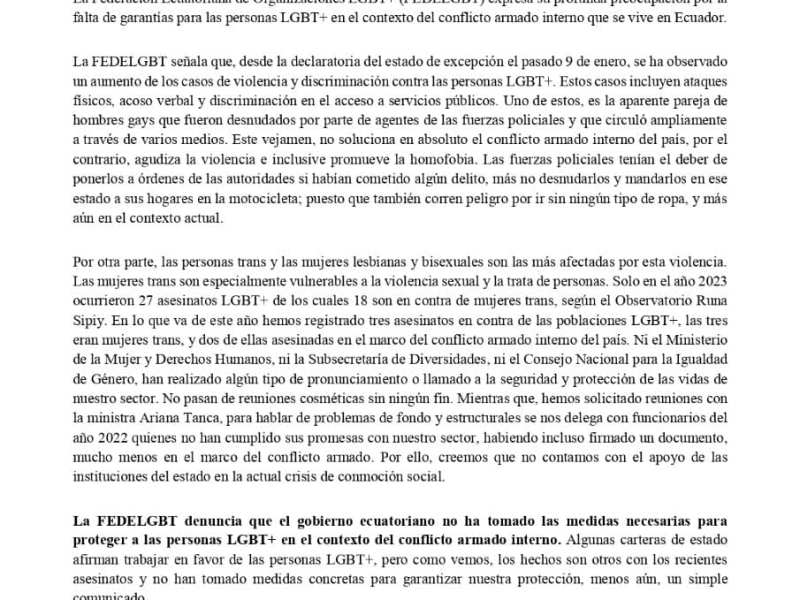 COMUNICADO PÚBLICO: Federación Ecuatoriana de Organizaciones LGBT+ denuncia falta de garantías para personas LGBT+ en contexto de conflicto armado interno.